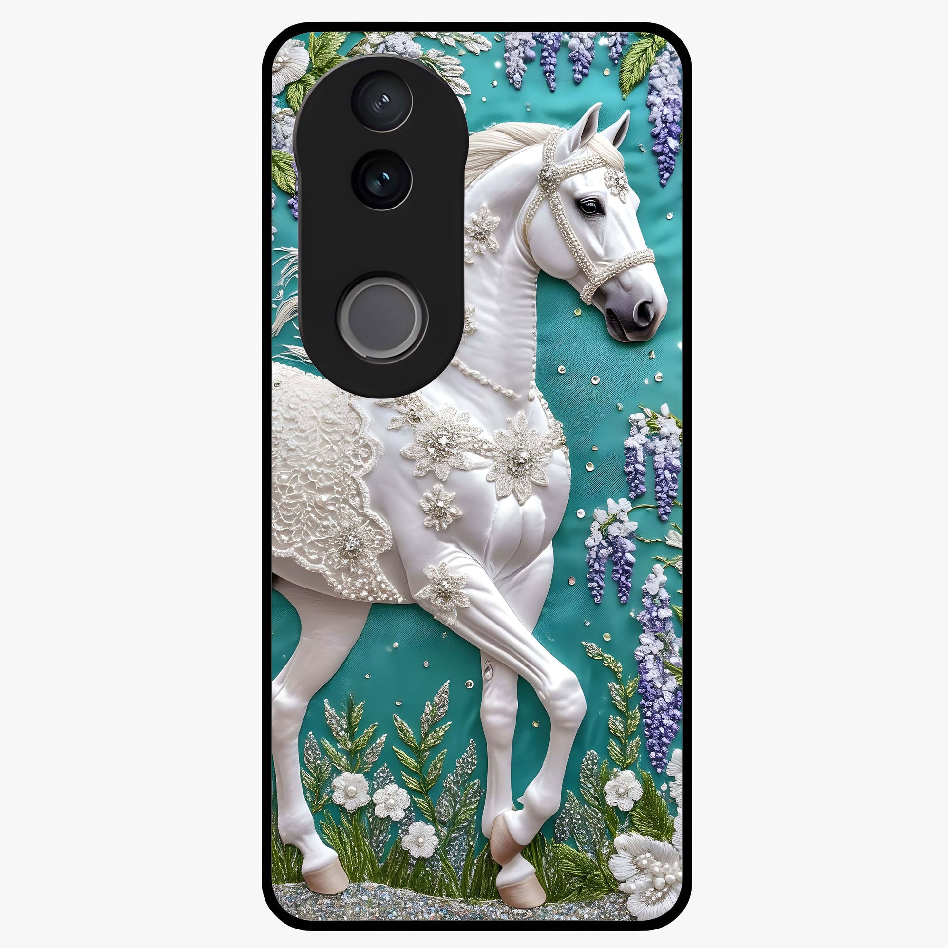 Majestic Floral Stallion Glass Case showing flat back view with powerful horse and floral artwork and glossy glass finish.