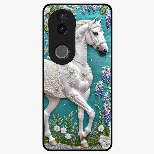Majestic Floral Stallion Glass Case showing flat back view with powerful horse and floral artwork and glossy glass finish.