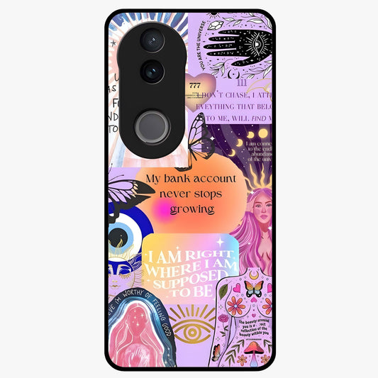 Manifestation Collage Glass Case showing flat back view with motivational collage artwork and glossy glass finish.