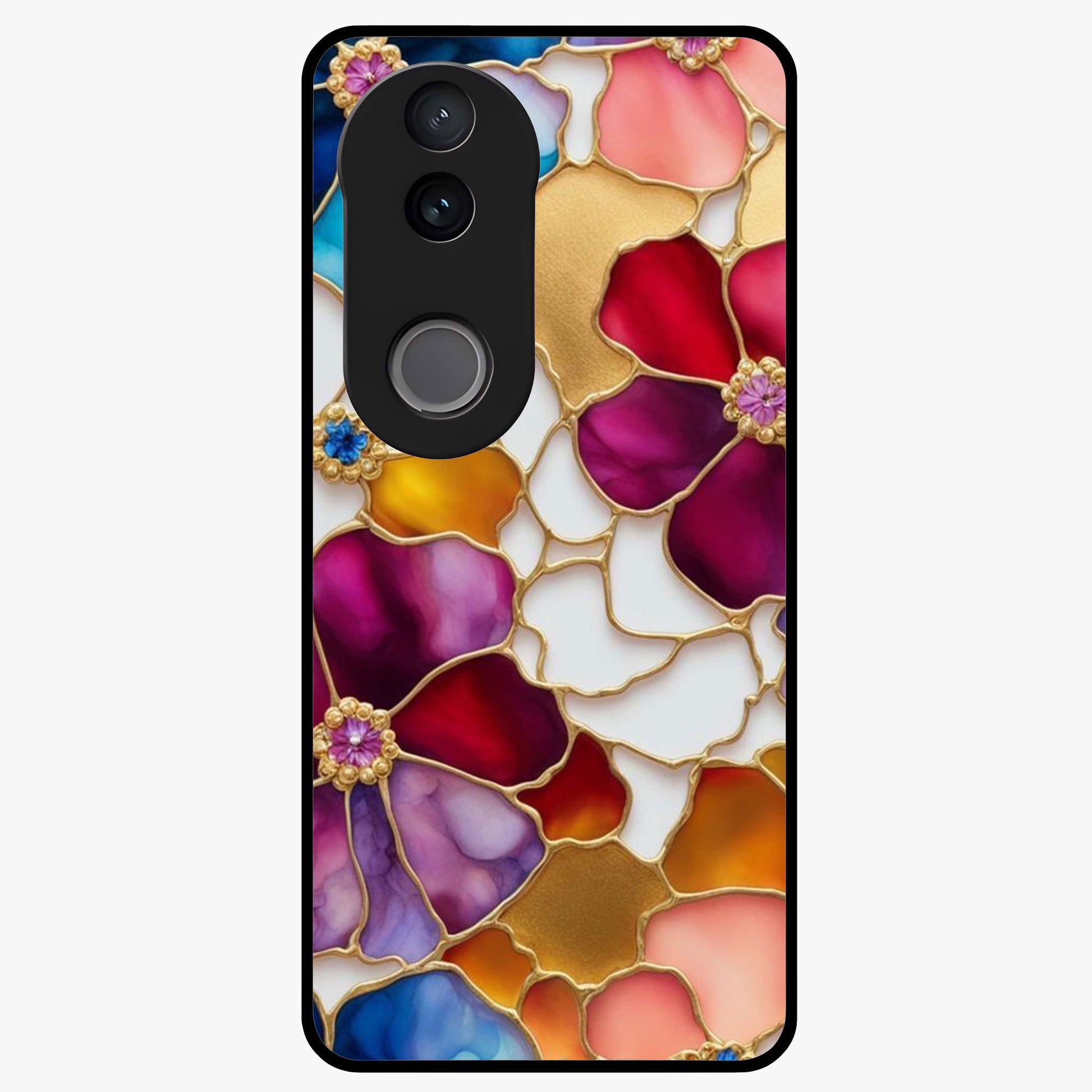 Marble Flower Pattern Glass Case showing flat back view with marble texture floral artwork and glossy glass finish.