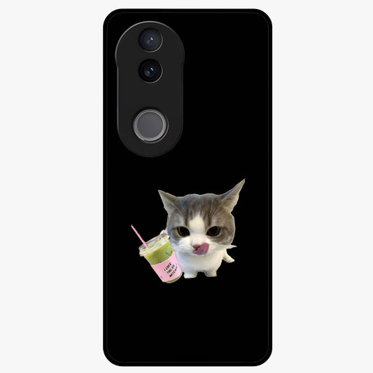 Matcha Cat Style Glass Case showing flat back view with cute matcha themed cat artwork and glossy glass finish.