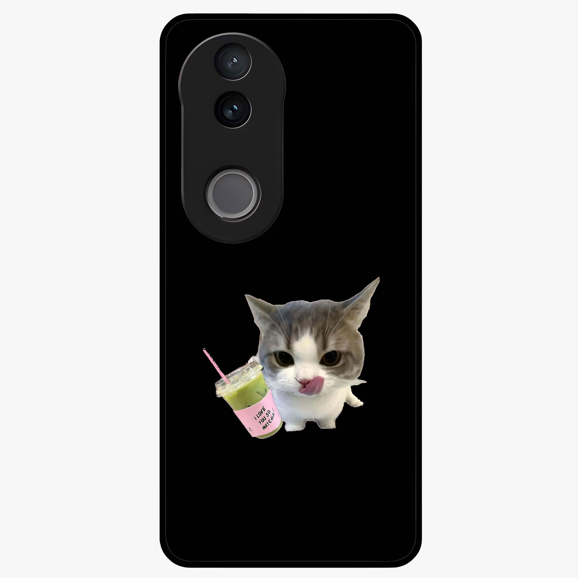 Matcha Cat Style Glass Case showing flat back view with cute matcha themed cat artwork and glossy glass finish.