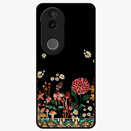 Midnight Bloom Pattern Glass Case showing flat back view with dark floral pattern artwork and glossy glass finish.