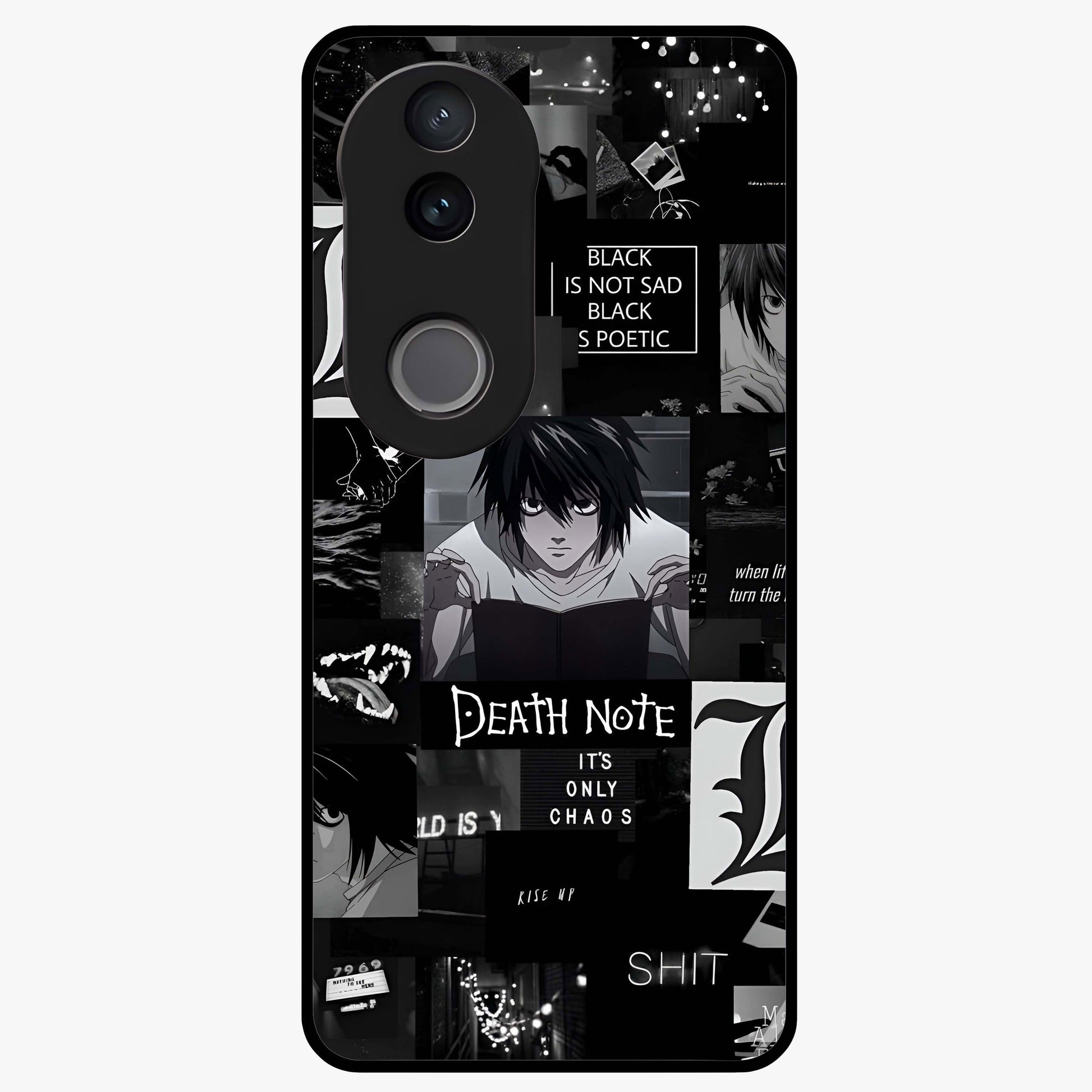 Midnight Chaos Mind Glass Case showing flat back view with abstract dark themed artwork and glossy glass finish.