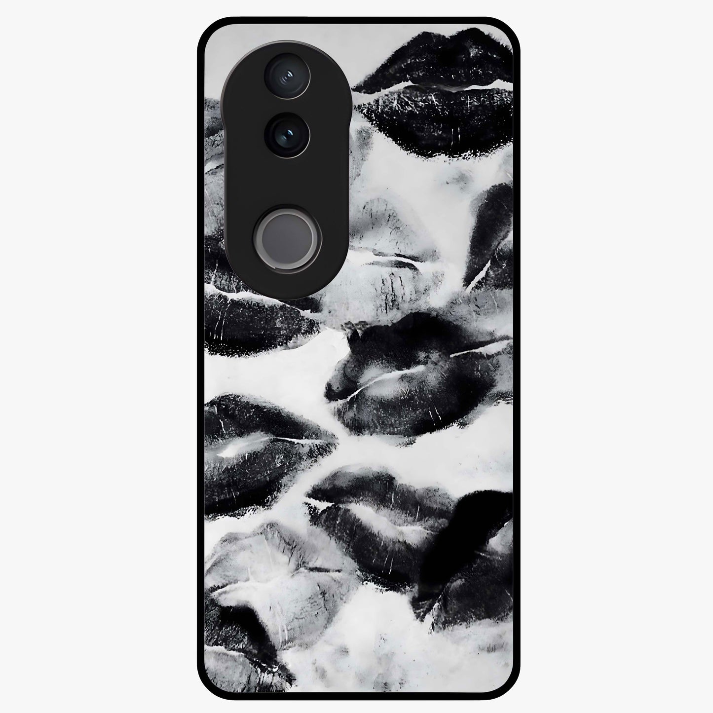 Midnight Kiss Marks Glass Case showing flat back view with lipstick kiss mark artwork and glossy glass finish.