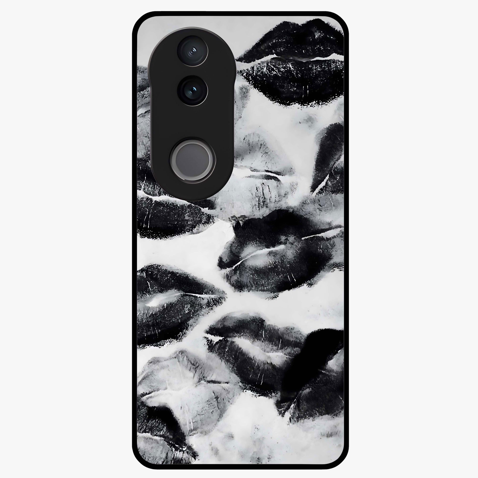 Midnight Kiss Marks Glass Case showing flat back view with lipstick kiss mark artwork and glossy glass finish.