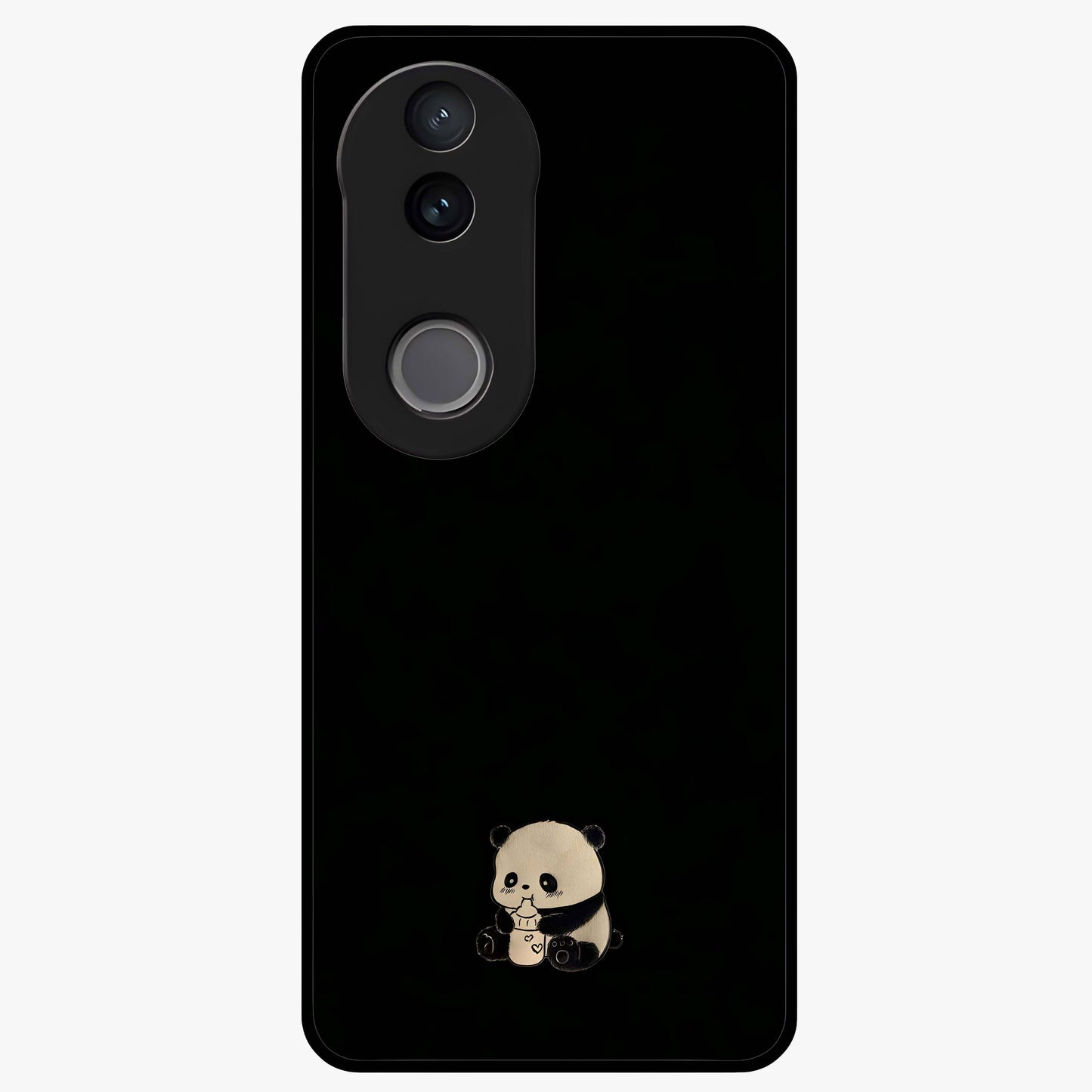 Midnight Panda Love Glass Case showing flat back view with cute panda themed artwork and glossy glass finish.