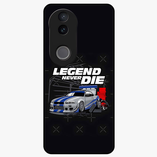 Midnight Racing Legacy Glass Case showing flat back view with sleek racing inspired artwork and glossy glass finish.