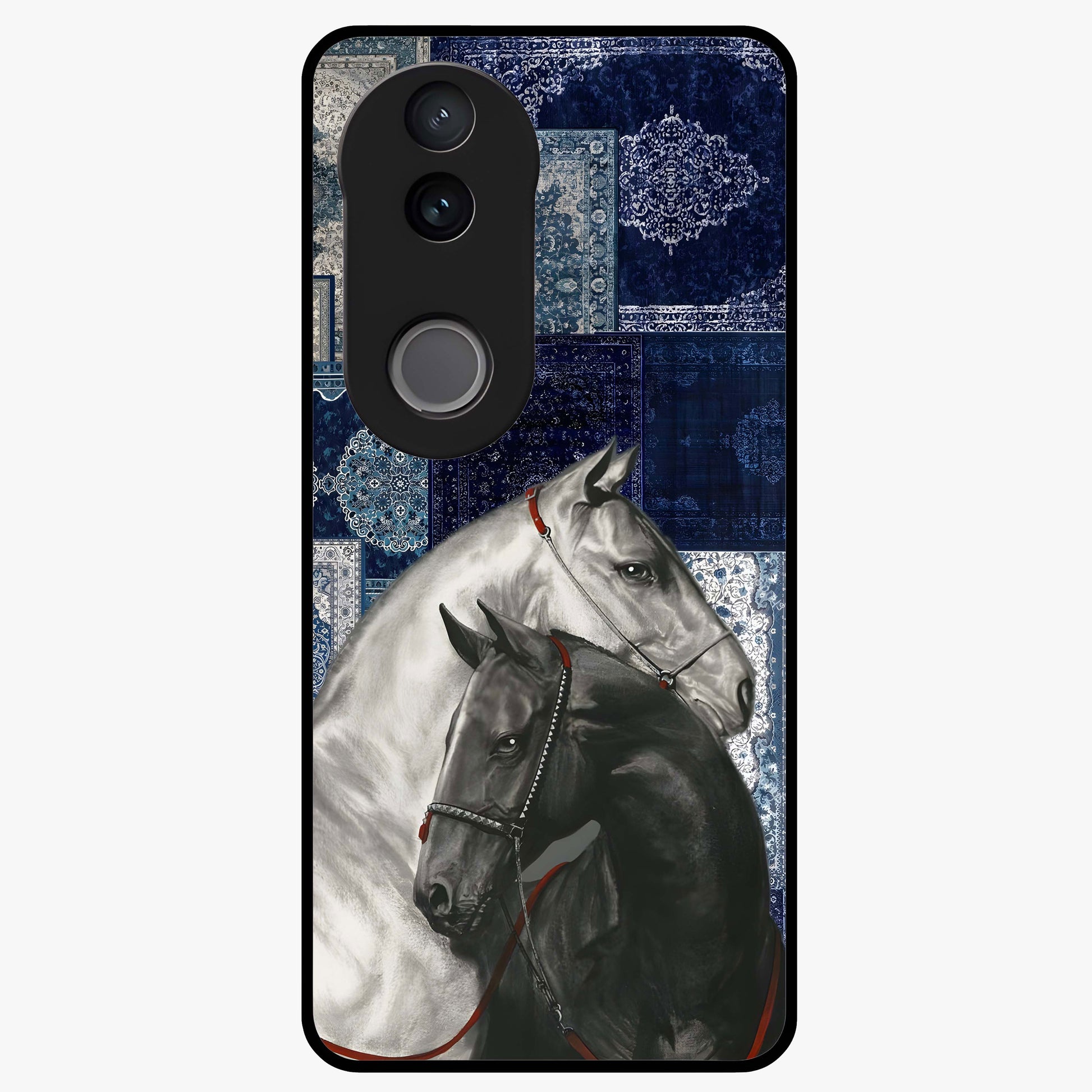 Midnight Stallion Blues Glass Case showing flat back view with majestic horse artwork and glossy glass finish.