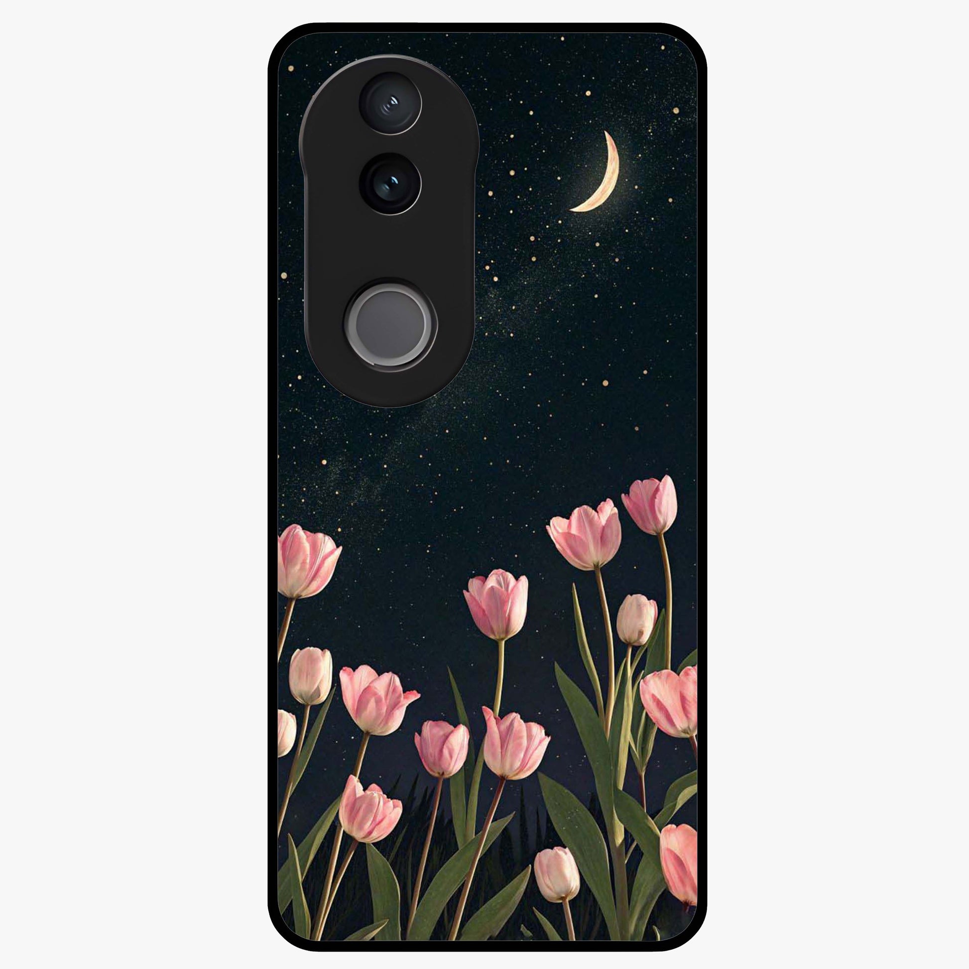 Midnight Tulip Whispers Vibe Glass Case showing flat back view with elegant tulip flower artwork and glossy glass finish.