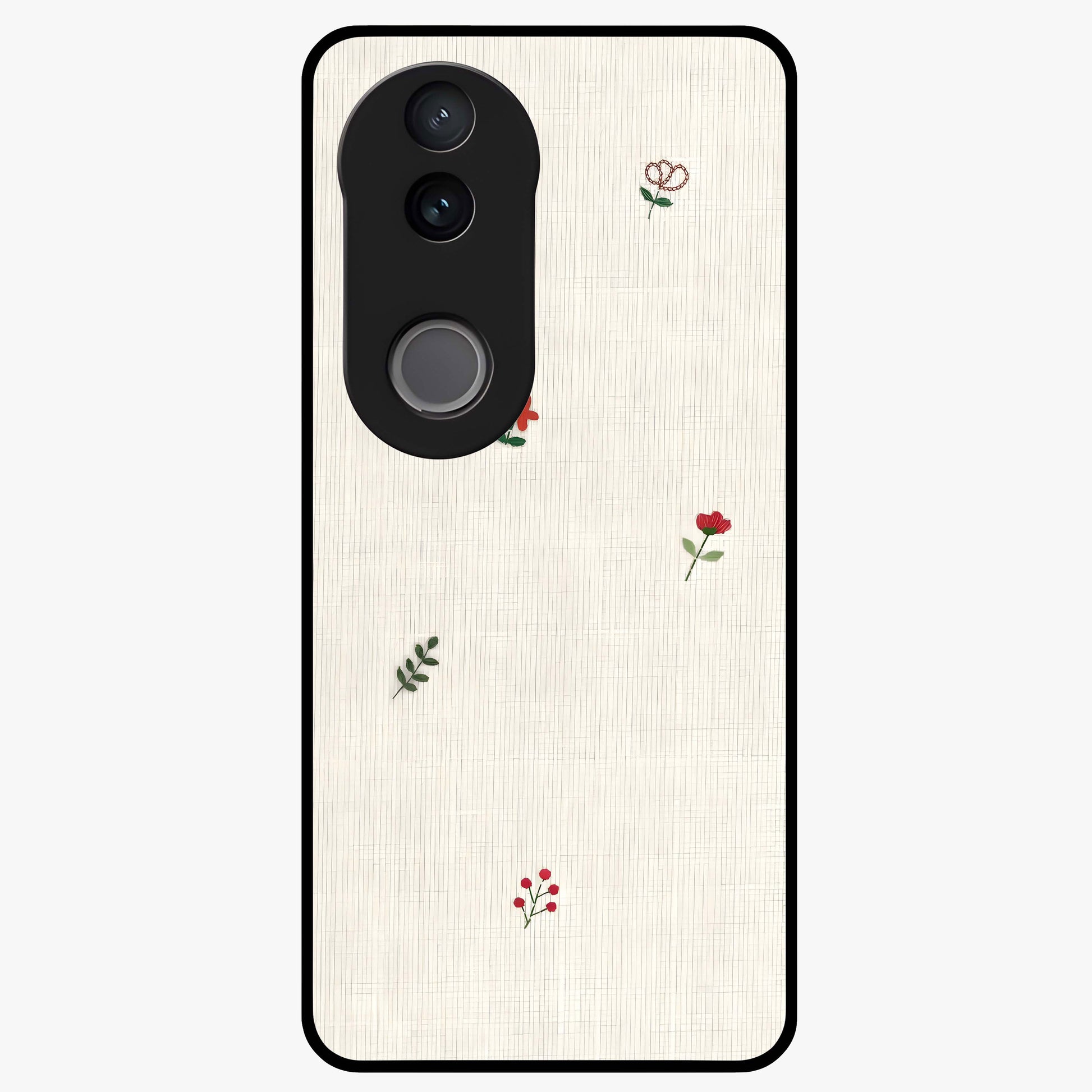 Minimal Petal Whispers Glass Case showing flat back view with soft minimal floral artwork and glossy glass finish.