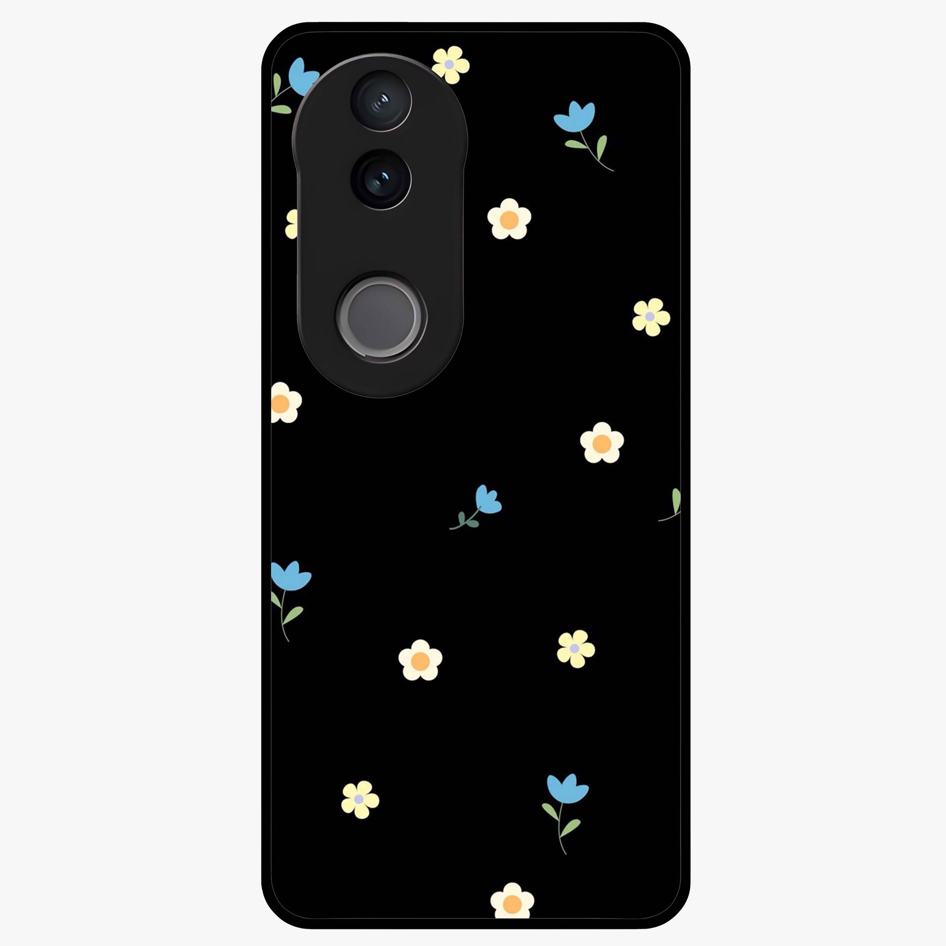 Minimalistic Blue With White Flower Pattern Glass Case showing flat back view with blue background and white flower pattern and glossy glass finish.