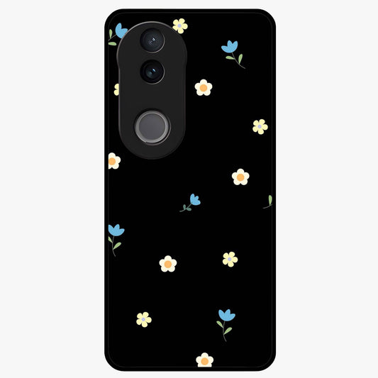 Minimalistic Blue With White Flower Pattern Glass Case showing flat back view with blue background and white flower pattern and glossy glass finish.