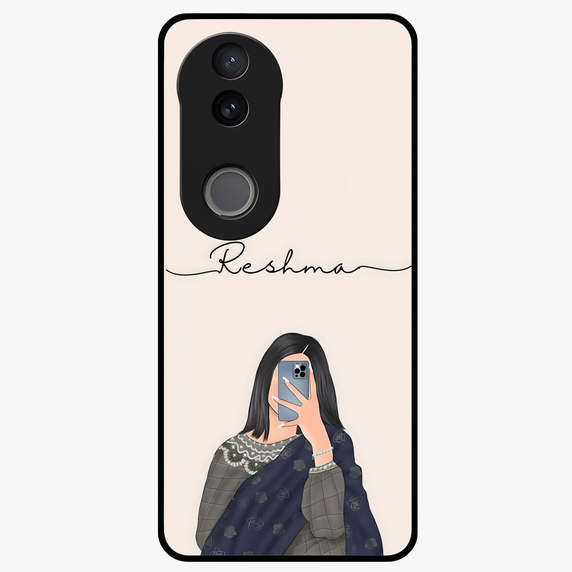 Mirror Mood Muse With Custom Name Glass Case showing flat back view with stylish mirrored artwork and personalized name design.