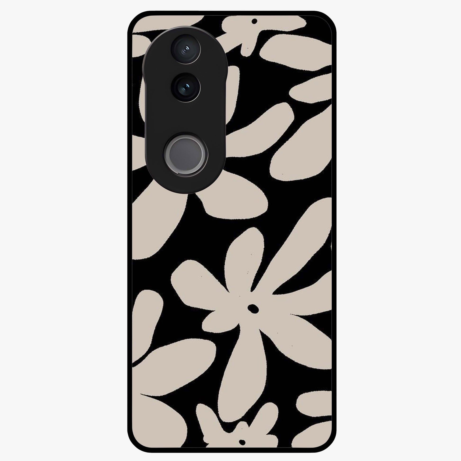 Monochrome Petal Dance Glass Case showing flat back view with monochrome floral artwork and glossy glass finish.