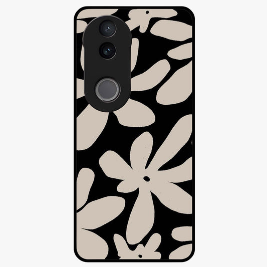 Monochrome Petal Dance Glass Case showing flat back view with monochrome floral artwork and glossy glass finish.