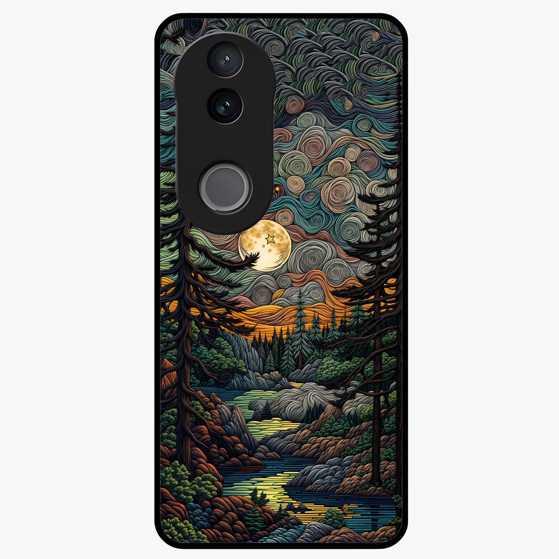 Moonlight Forest Dream Glass Case showing flat back view with mystical forest moonlight artwork and glossy glass finish.