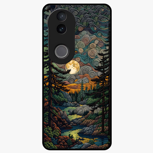 Moonlight Forest Dream Glass Case showing flat back view with mystical forest moonlight artwork and glossy glass finish.