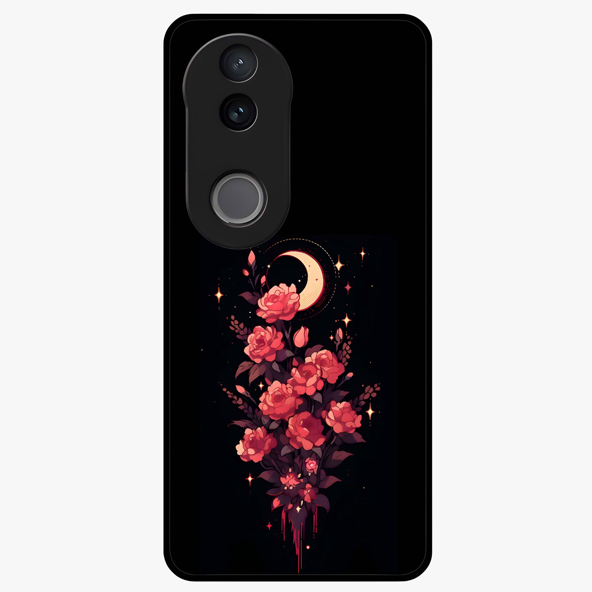 Moonlit Floral Elegance Glass Case showing flat back view with elegant floral artwork under moonlit tones and glossy glass finish.