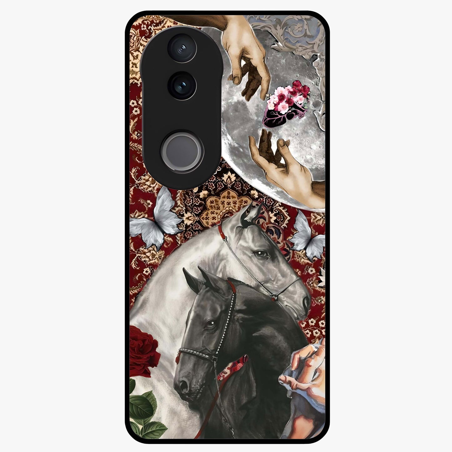 Moonlit Royal Stallion Glass Case showing flat back view with majestic horse under moonlight artwork and glossy glass finish.