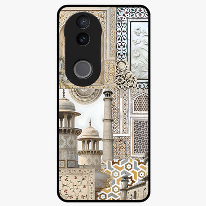 Mughal Marble Legacy Glass Case showing flat back view with intricate Mughal inspired marble pattern and glossy glass finish.