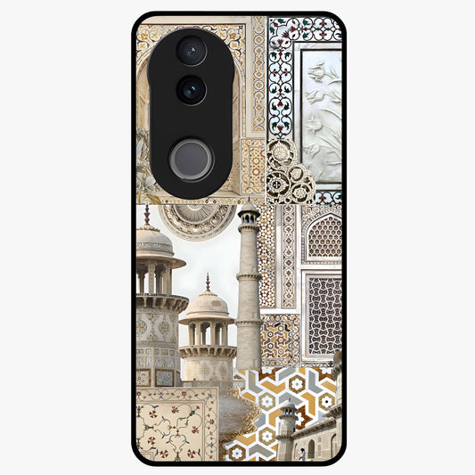 Mughal Marble Legacy Glass Case showing flat back view with intricate Mughal inspired marble pattern and glossy glass finish.