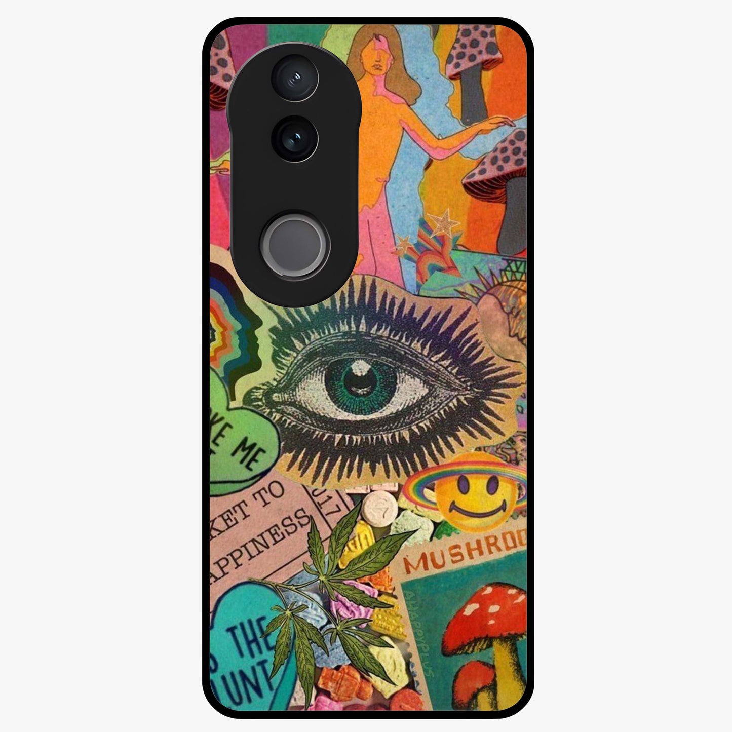 Mystic Eye Wonderland Glass Case showing flat back view with mystical eye themed artwork and glossy glass finish.