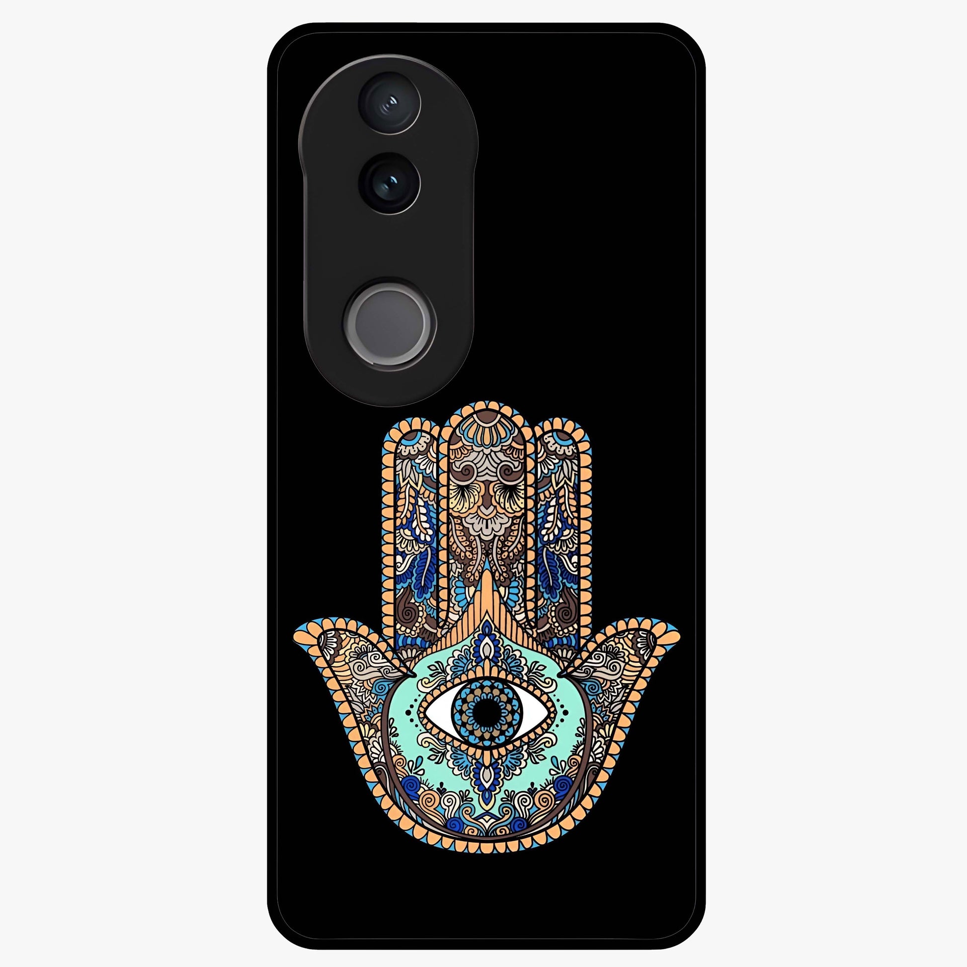 Mystic Hamsa Eye Glass Case showing flat back view with protective hamsa hand and evil eye artwork and glossy glass finish.
