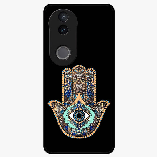 Mystic Hamsa Eye Glass Case showing flat back view with protective hamsa hand and evil eye artwork and glossy glass finish.