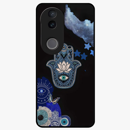 Mystic Hand Aura Glass Case showing flat back view with mystical hand symbol artwork and glossy glass finish.