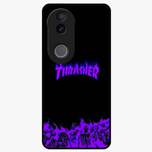 Neon Flame Riot Glass Case showing flat back view with neon flame artwork and glossy glass finish.