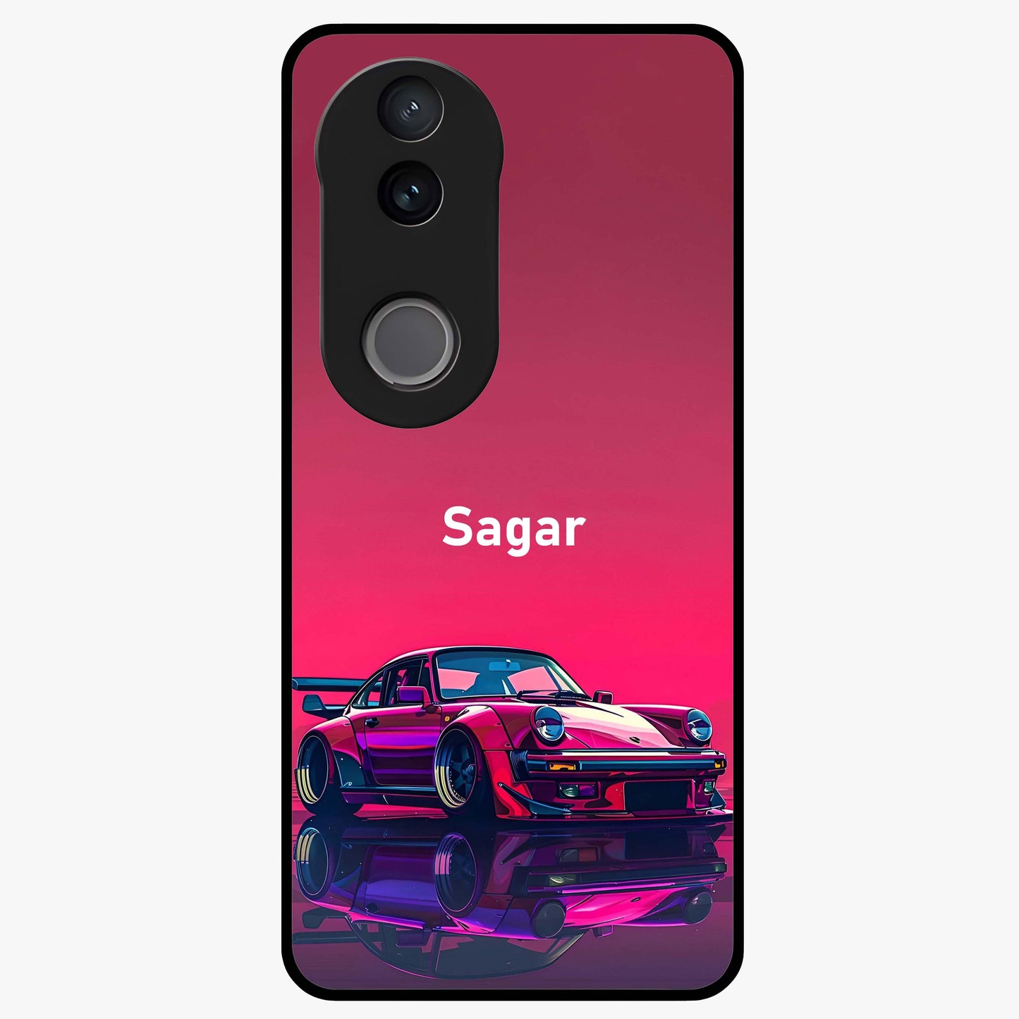 Neon Pink Porsche Glass Case showing flat back view with stylish sports car artwork and glossy glass finish.