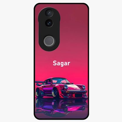 Neon Pink Porsche Glass Case showing flat back view with stylish sports car artwork and glossy glass finish.
