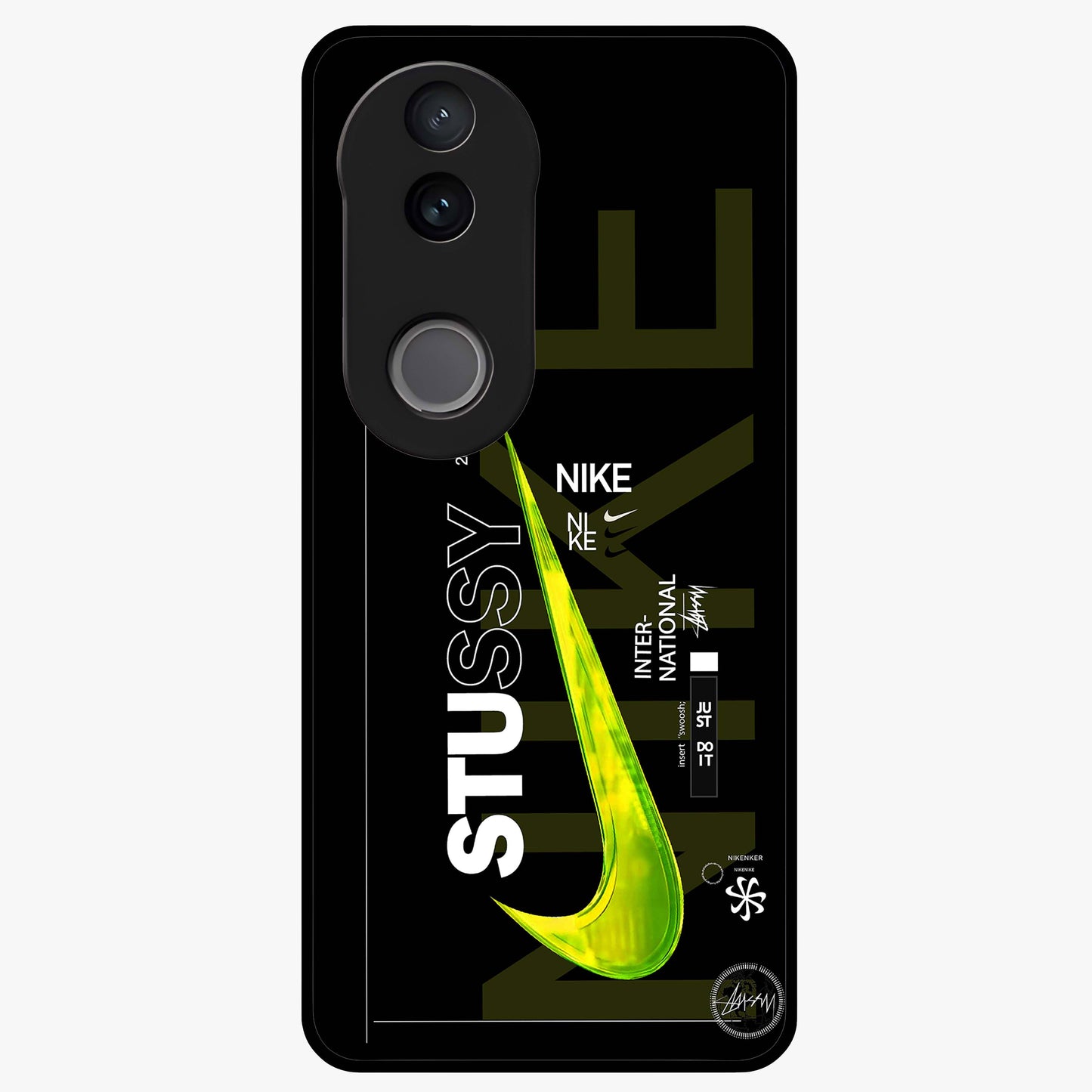 Neon Street Edition Glass Case showing flat back view with neon street style artwork and glossy glass finish.