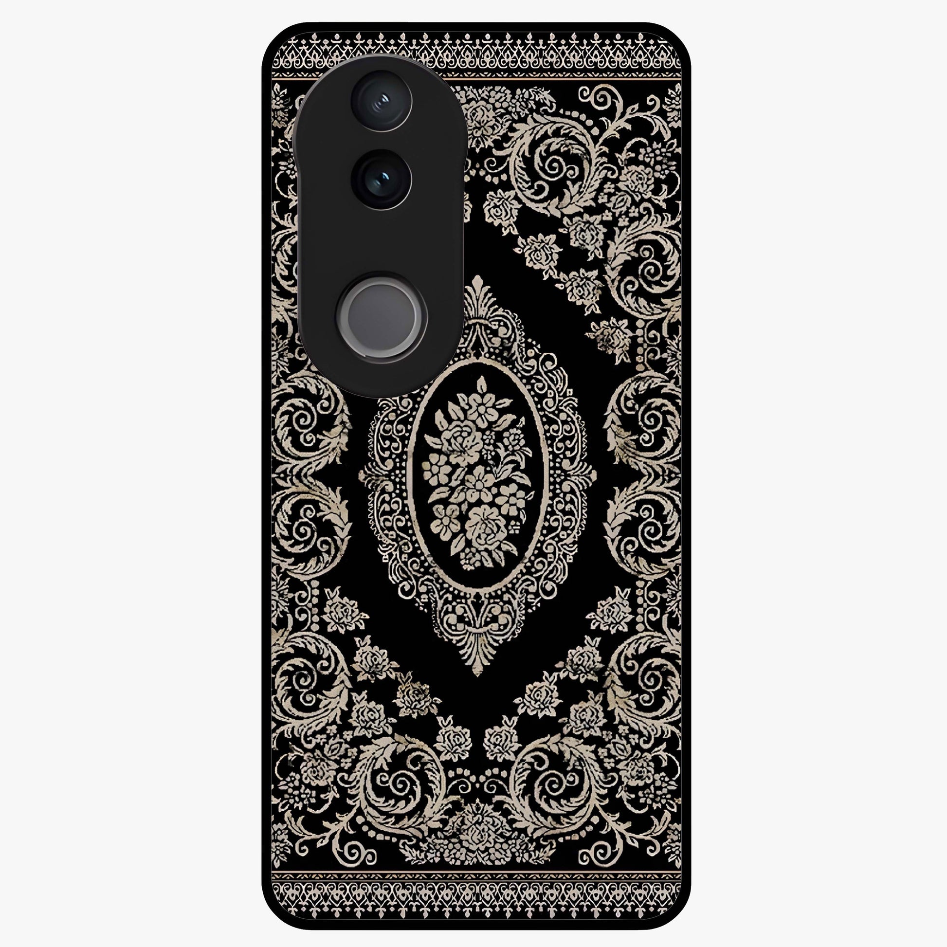 Noir Bloom Elegance Glass Case showing flat back view with elegant dark floral artwork and glossy glass finish.