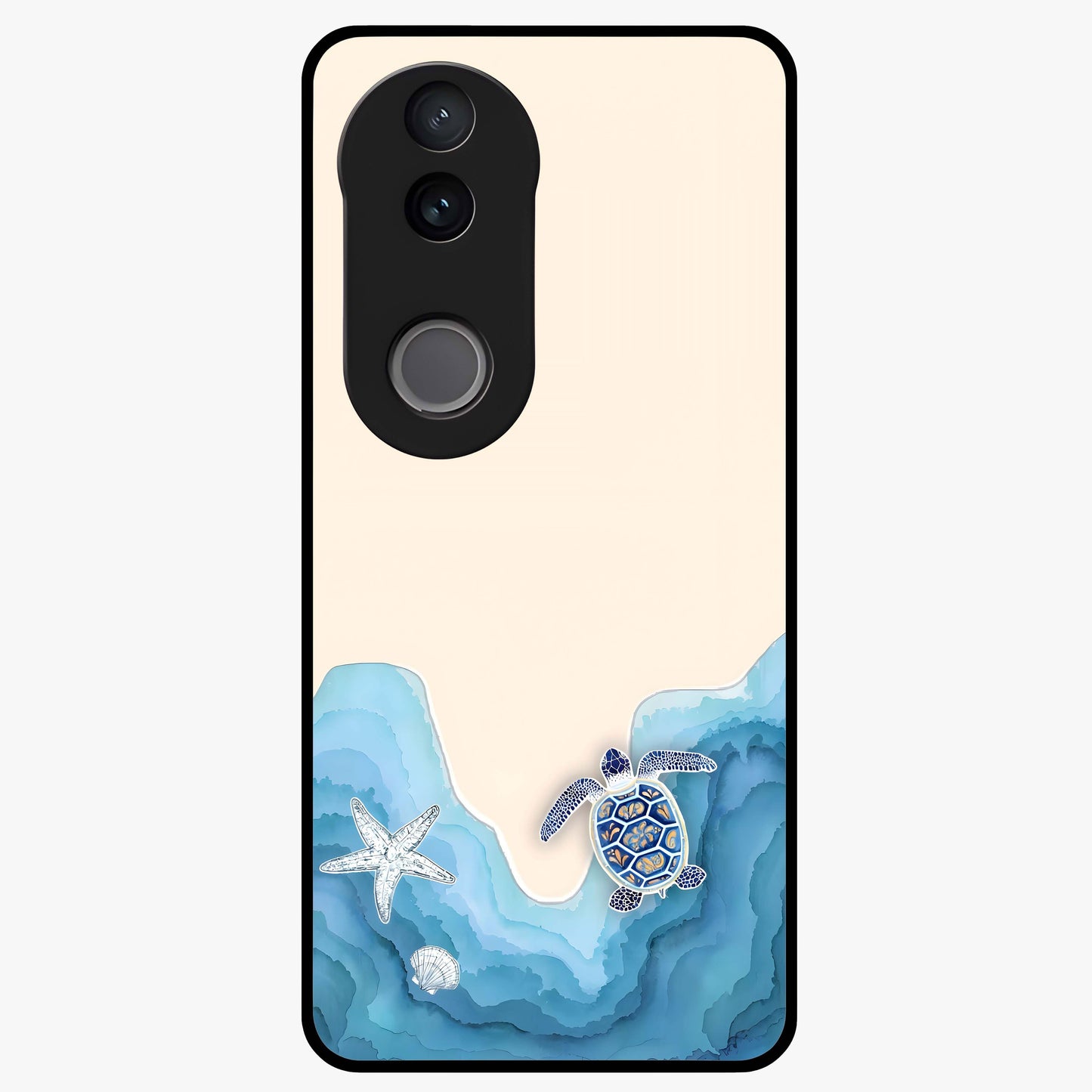 Ocean Drift Turtle Glass Case showing flat back view with sea turtle artwork and glossy glass finish.