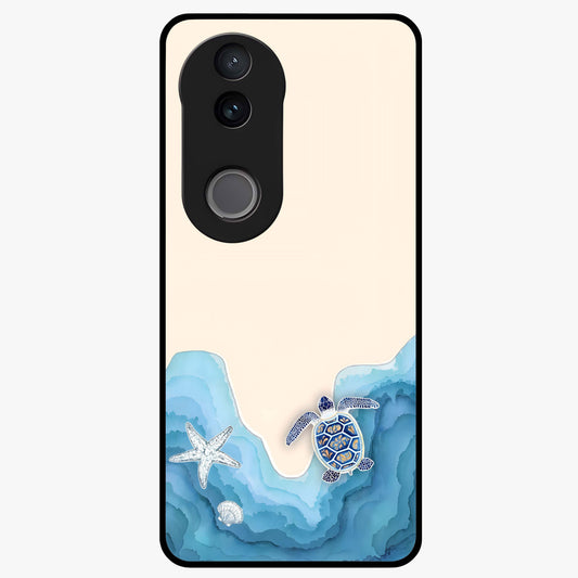 Ocean Drift Turtle Glass Case showing flat back view with sea turtle artwork and glossy glass finish.