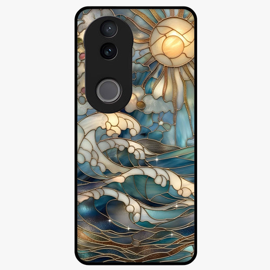 Oceanic Stained Printed Glass Case showing flat back view with ocean inspired stained pattern artwork and glossy glass finish.