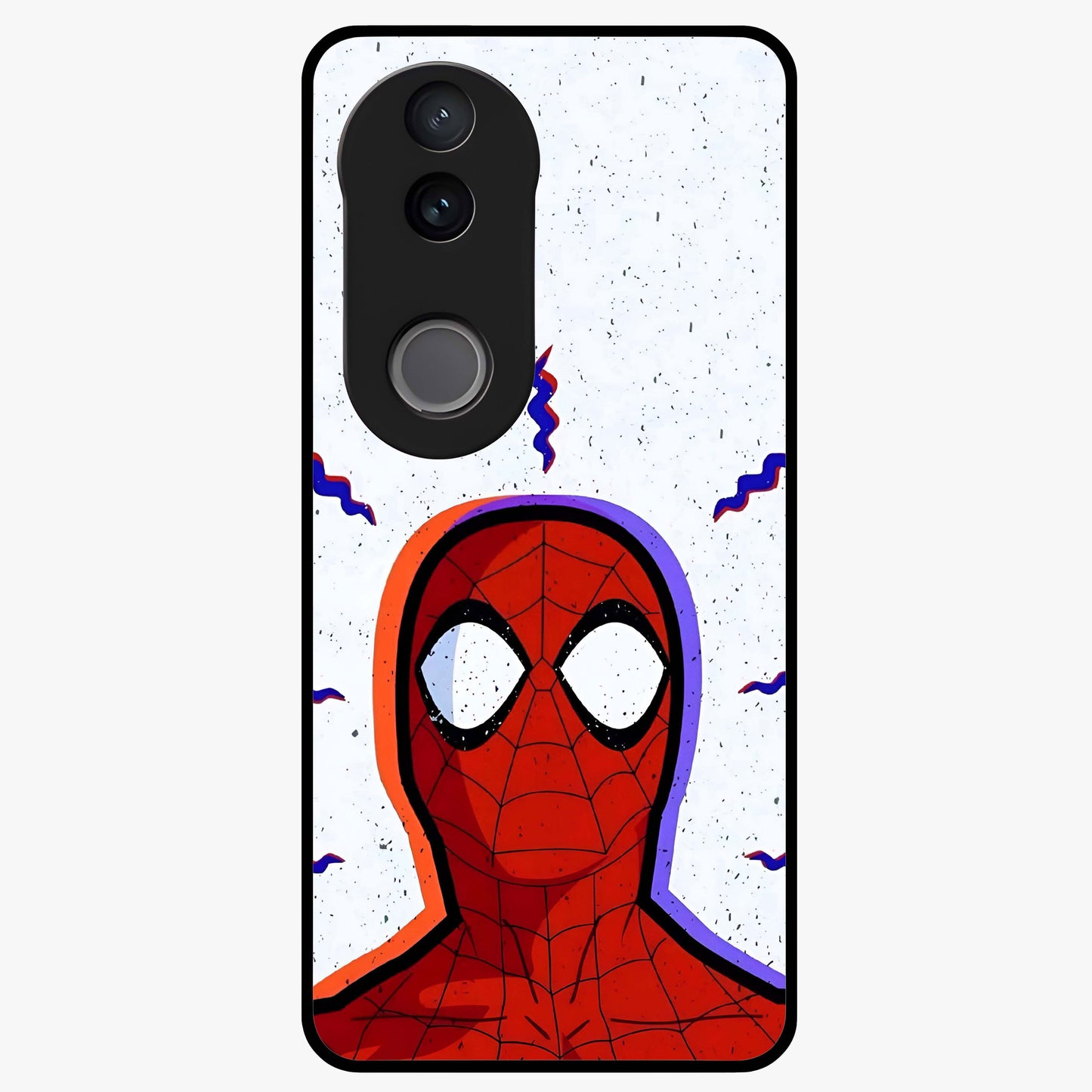 Omg Spiderman Glass Case showing flat back view with bold superhero inspired artwork and glossy glass finish.