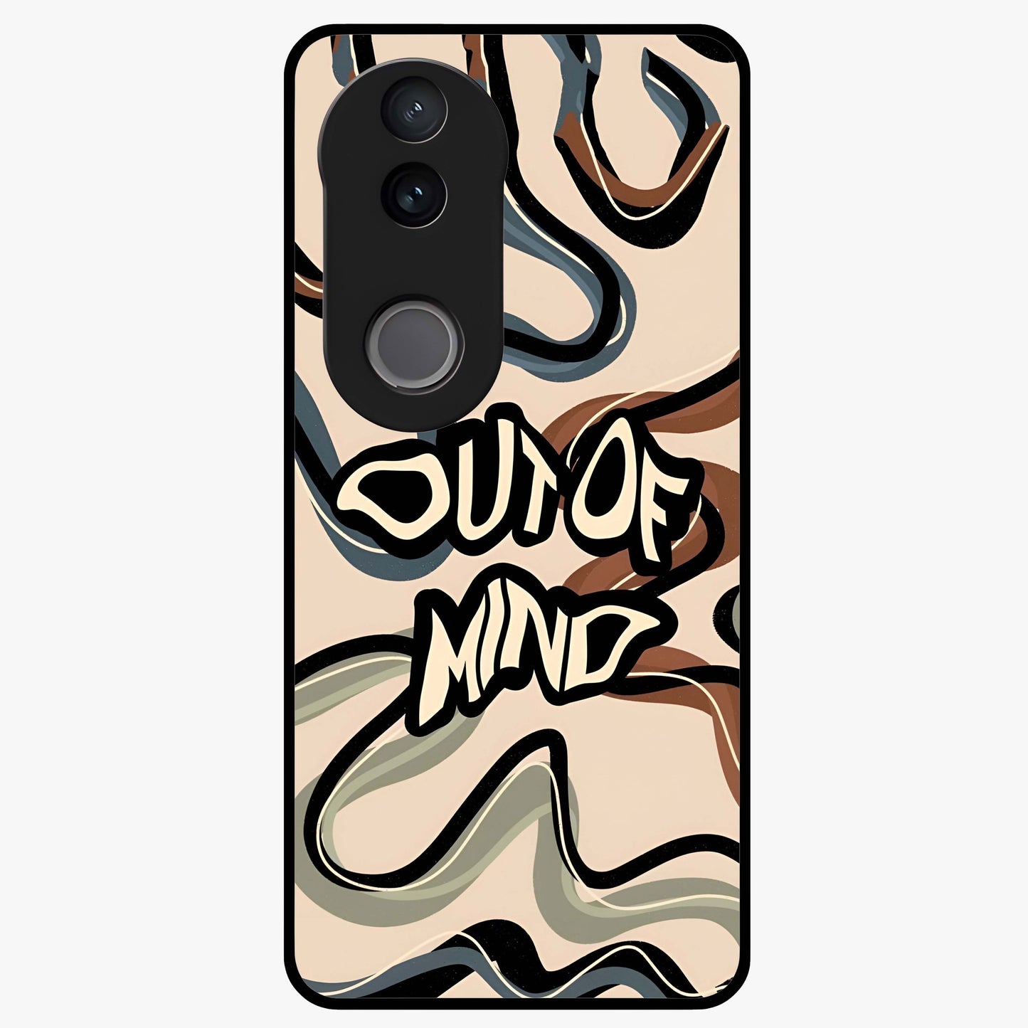 Out Of Mind Glass Case showing flat back view with expressive typography artwork and glossy glass finish.