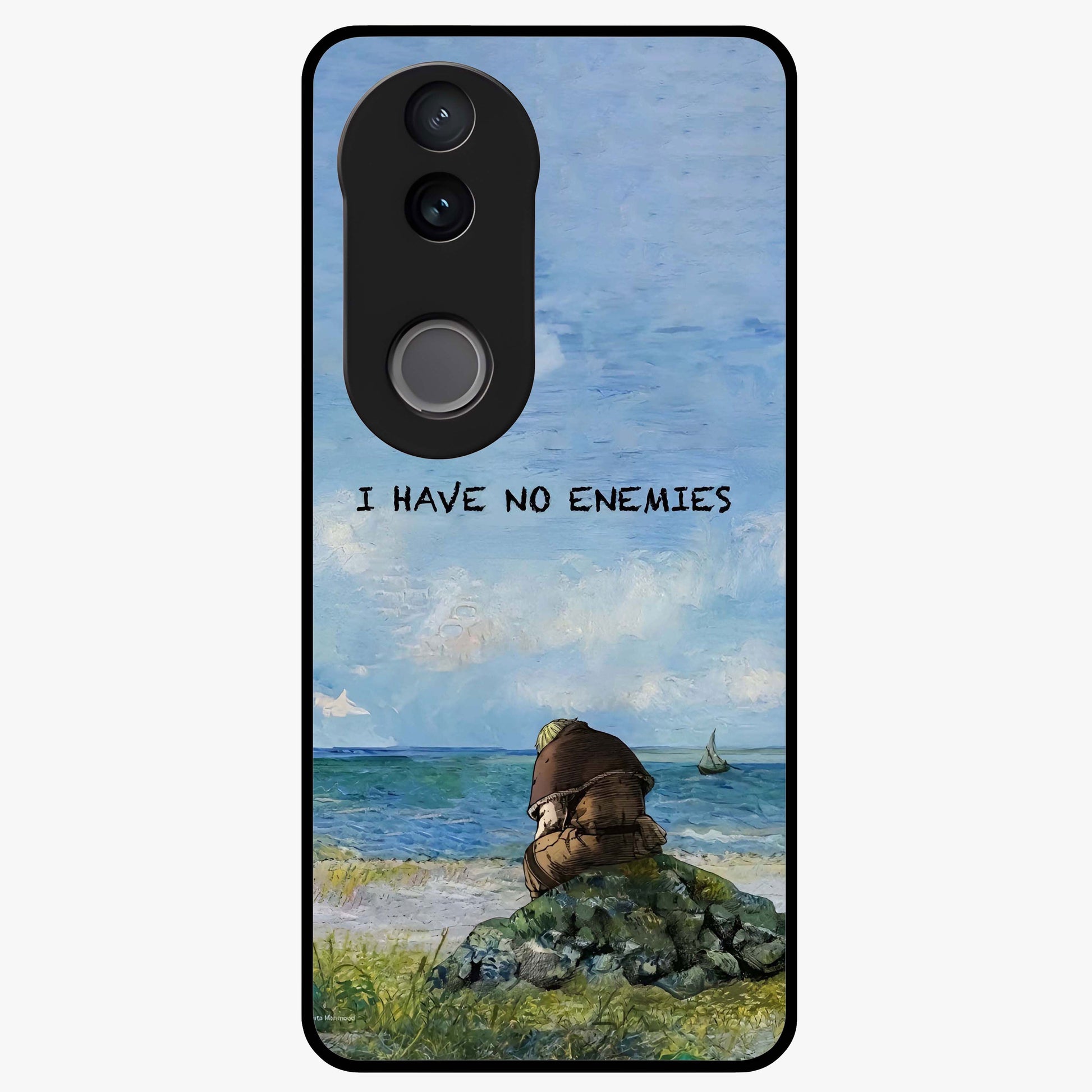 Peace Beyond War Glass Case showing flat back view with symbolic peace themed artwork and glossy glass finish.