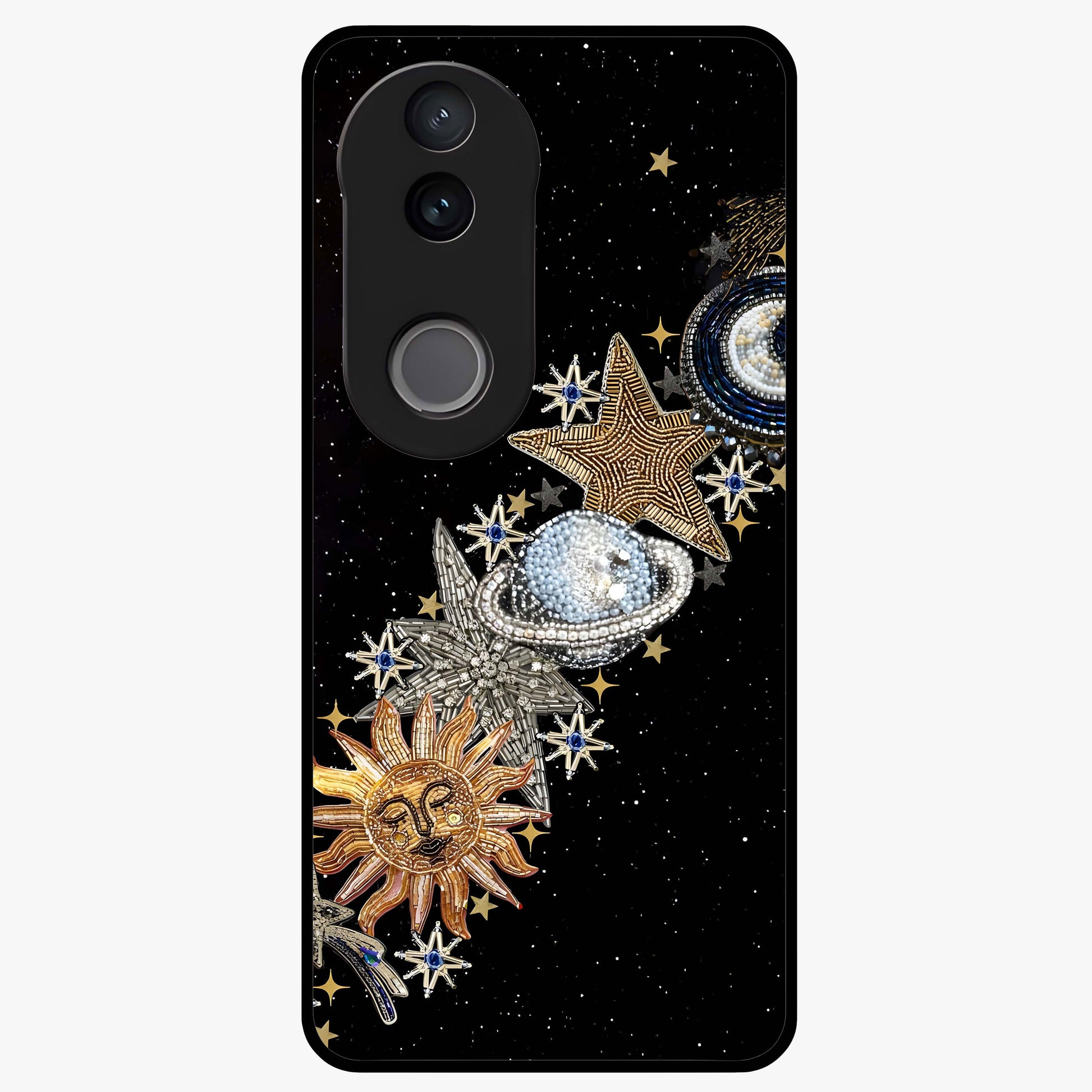Pearls Universe Object Glass Case showing flat back view with pearl inspired cosmic artwork and glossy glass finish.