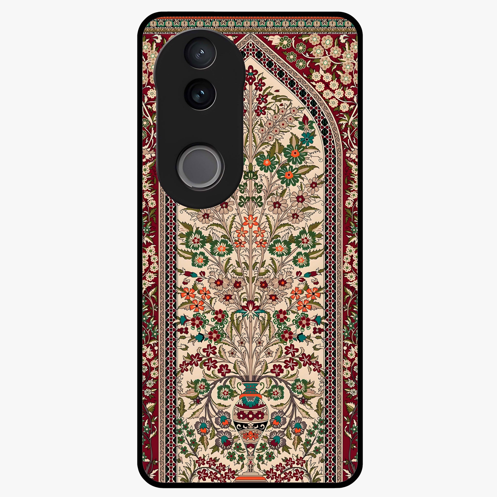 Persian Inspired Glass Case showing flat back view with ornate Persian style pattern artwork and glossy glass finish.