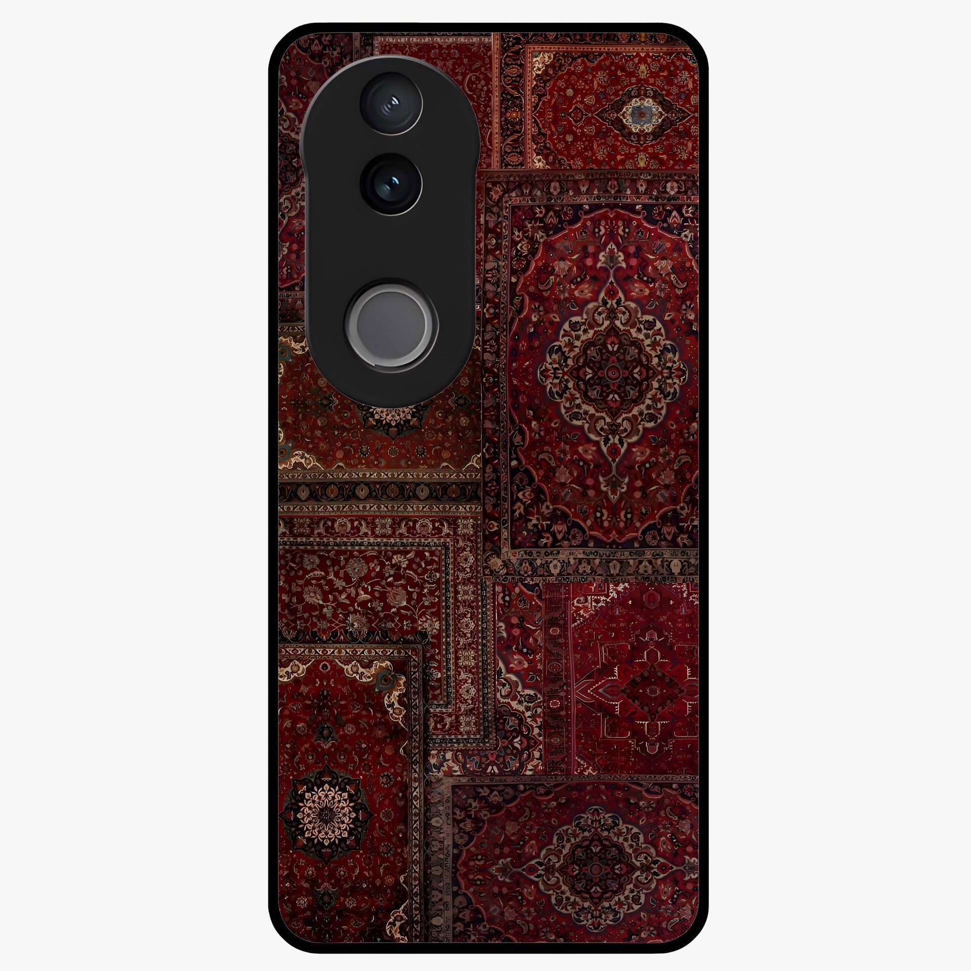 Persian Velvet Tale Glass Case showing flat back view with luxurious Persian velvet pattern artwork and glossy glass finish.