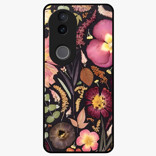 Petal Dream Tapestry Glass Case showing flat back view with intricate floral tapestry artwork and glossy glass finish.