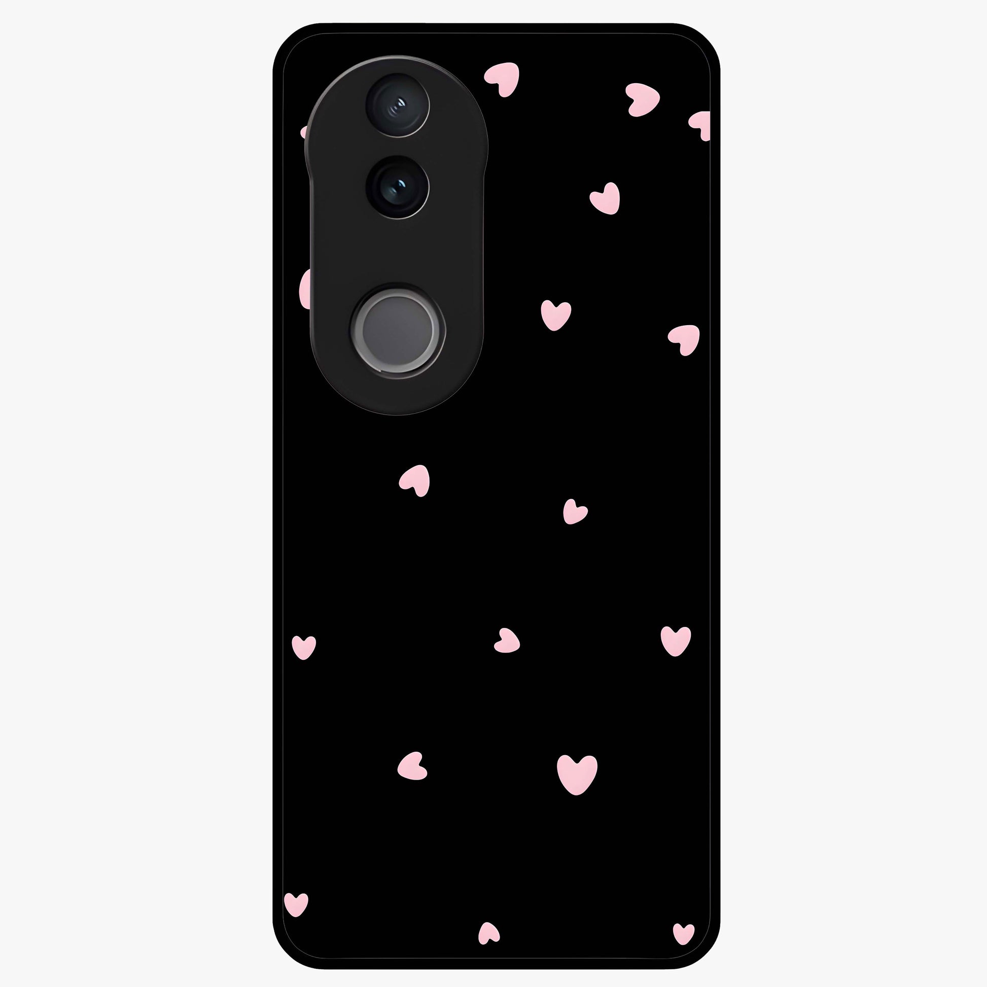 Pink Love Drops Glass Case showing flat back view with playful pink heart drops artwork and glossy glass finish.