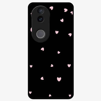 Pink Love Drops Glass Case showing flat back view with playful pink heart drops artwork and glossy glass finish.