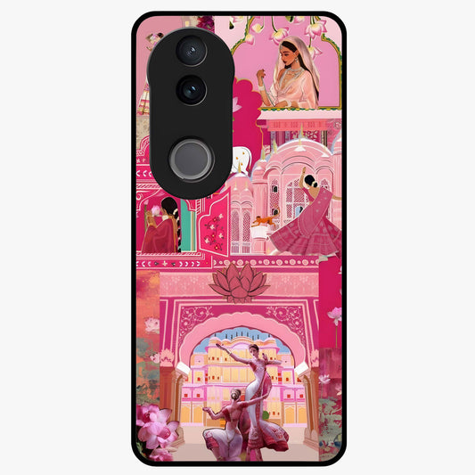 Pink Palace Muse Glass Case showing flat back view with elegant palace inspired artwork and glossy glass finish.