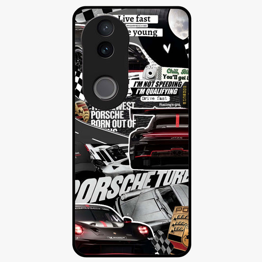 Porsche Racing Collage Glass Case showing flat back view with sports car racing collage artwork and glossy glass finish.