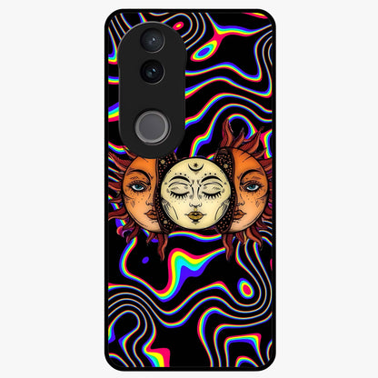 Psychedelic Sun Glass Case showing flat back view with colorful psychedelic sun artwork and glossy glass finish.